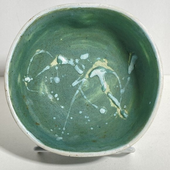 Dan Eash Pottery PA Handmade Decorative Abstract Green Glazed Stoneware Bowl 5in - Picture 1 of 13